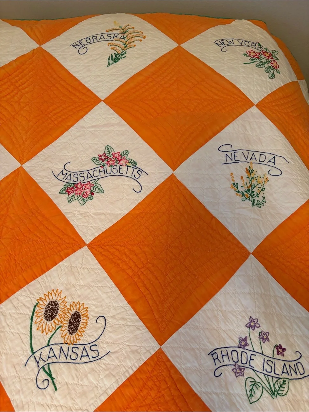 Vintage Patchwork Quilt with Every State Hand Embroidered on a square.